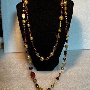 Vtg 1980s Amber Topaz Art Glass Necklace with Square, Oval & Round Glass Beads